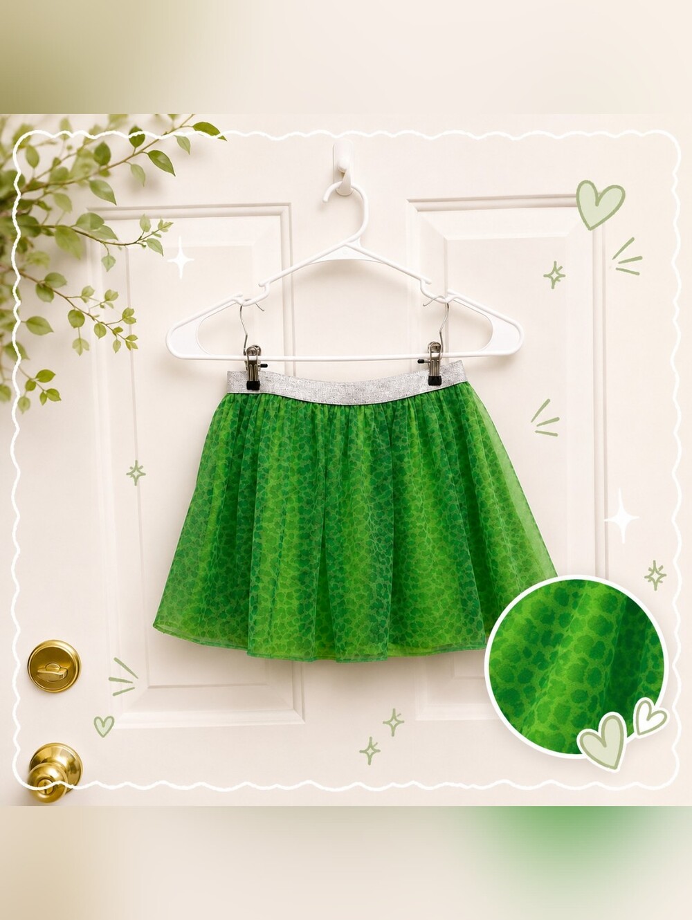 Girls Green Tulle Skirt Silver Elastic Waistband